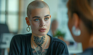 Girl with tattoos interviewing for a job